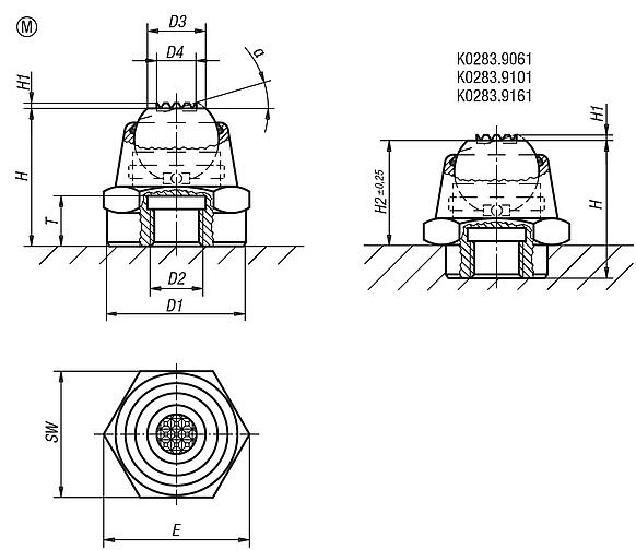 Apoios de esfera auto-alinhante, ângulos de inclinação 14° e 20°, forma M, esfera plana e com face recartilhada em metal duro