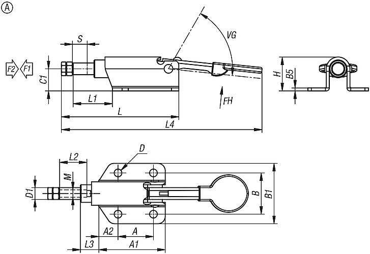 Push-pull toggle clamps, steel, horizontal, retaining force up to 3000 N, Form A