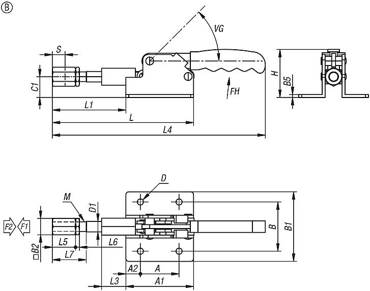 Push-pull toggle clamps, steel, horizontal, retaining force up to 3000 N, Form B