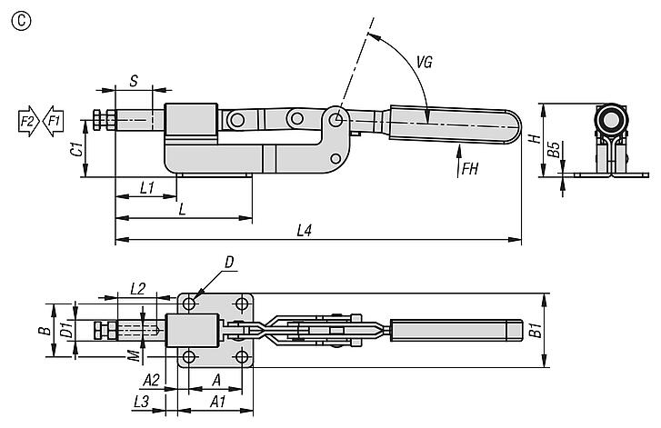 Push-pull toggle clamps, steel, horizontal, retaining force up to 3000 N, Form C