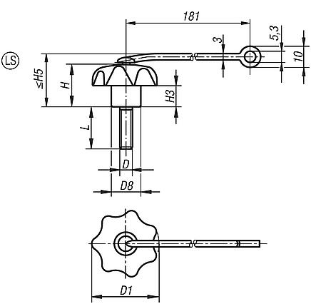 Star grips with safety cable similar to DIN 6336, steel parts stainless steel, external thread, Form LS