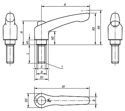 Clamping levers, stainless steel with external thread and protective cap, threaded pin stainless steel - inch