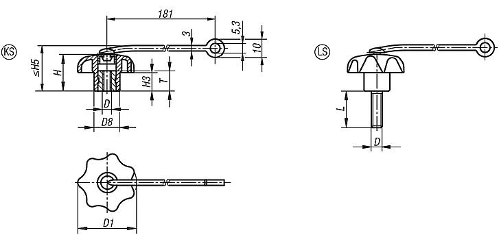 Star grips with safety cable similar to DIN 6336, metal parts stainless steel