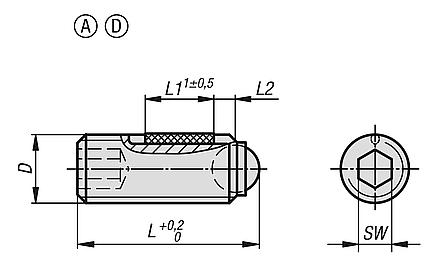 Ball-end thrust screws without head with full ball, with thread lock