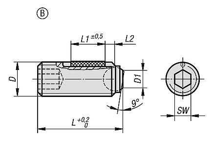 Ball-end thrust screws without head with flattened ball, with thread lock