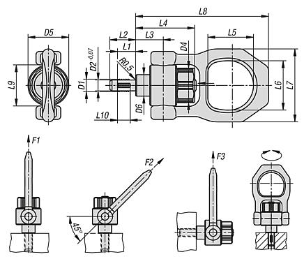 Threaded hoist pin, self-locking, stainless steel with rotating shackle