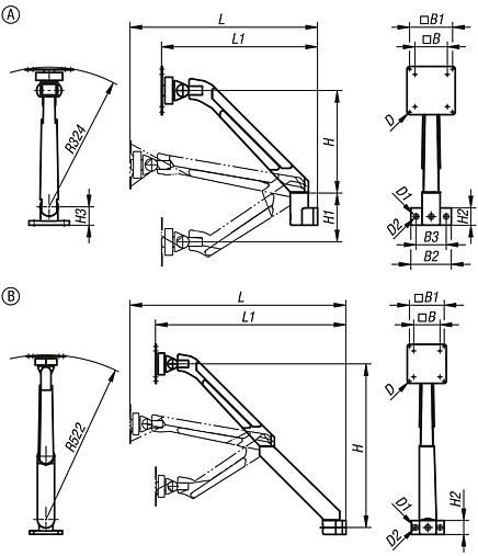 Monitor brackets, aluminium, height adjustable 4 or 5 axis