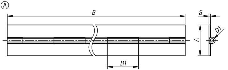 Dobradiças piano de aço, aço inoxidável ou alumínio, forma A