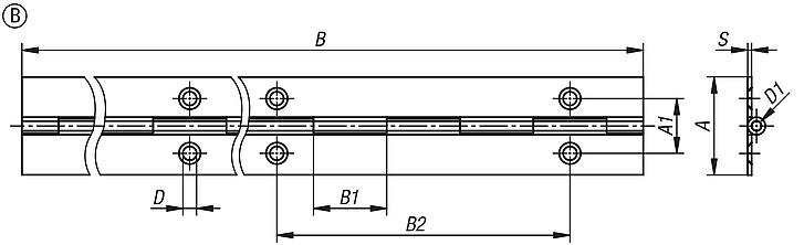 Dobradiças piano de aço, aço inoxidável ou alumínio, forma B