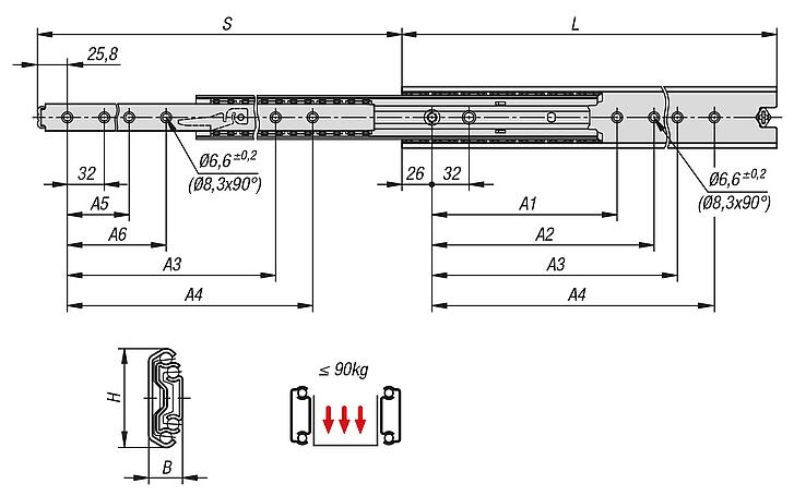 Stainless steel telescopic slides for side mounting, over-extension, load capacity up to 90 kg