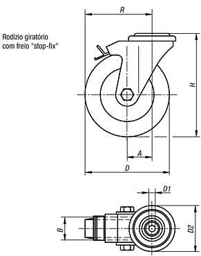 Rodízio giratório com freio "stop-ﬁx"