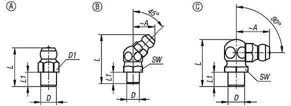 Grease nipples conical head DIN 71412 
to press in